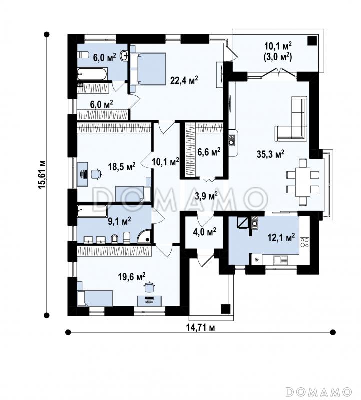 Проект дома с хозяйской спальней, кухней с кладовой, ванной с окном / План 1 этажа