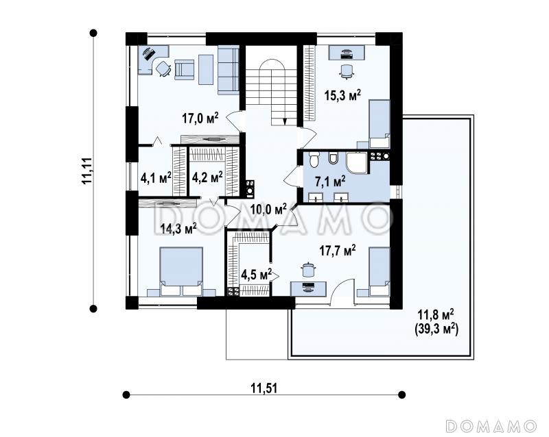Проект дома с гаражом на две машины, просторной гостиной, комнатой на первом этаже, кладовой / План 2 этажа