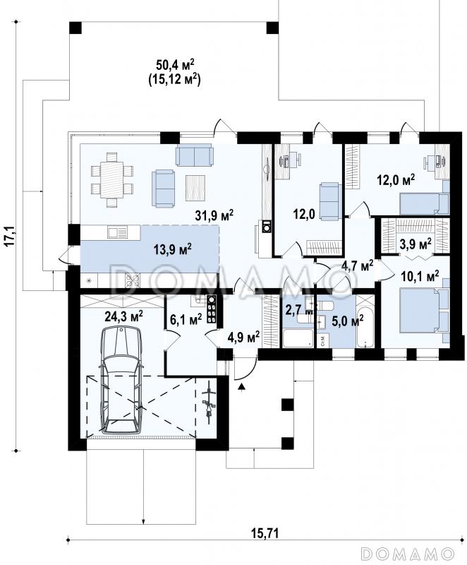 Проект комфортного одноэтажного дома из кирпича с панорамным остеклением обеденной зоны и гаражом / План 1 этажа