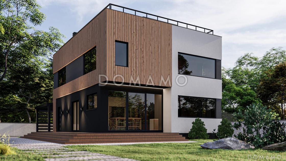 Проект двухэтажного дома в стиле хай-тек с террасой, 3 спальнями и личными гардеробными / 1