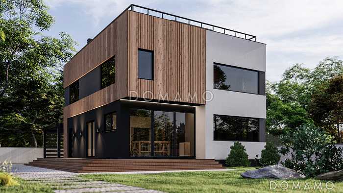 Проект двухэтажного дома в стиле хай-тек с террасой, 3 спальнями и личными гардеробными