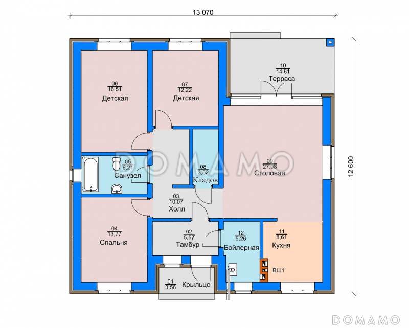 Проект дома с кладовой, террасой, детскими, большой столовой / План 1 этажа