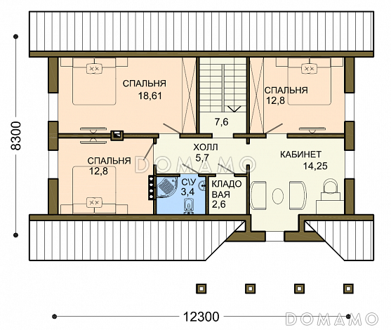 Проект коттеджа с двумя кладовыми и вытянутым крыльцом / План мансардного этажа Проект коттеджа с двумя кладовыми и вытянутым крыльцом / План мансардного этажа