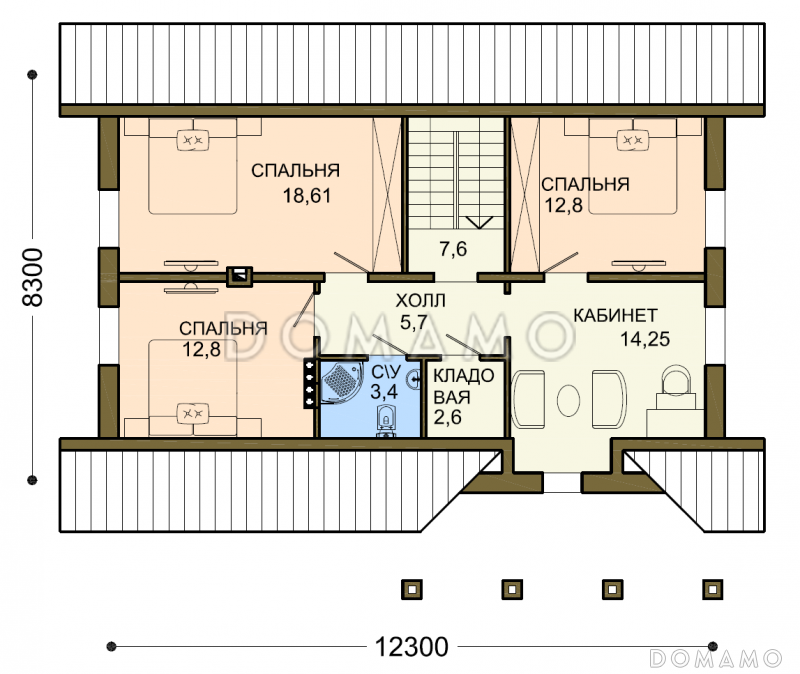 Проект коттеджа с двумя кладовыми и вытянутым крыльцом / План мансардного этажа