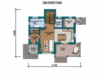 Проект двухэтажного дома с террасой и тремя спальнями / План 1 этажа Проект двухэтажного дома с террасой и тремя спальнями / План 1 этажа