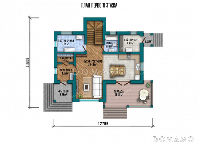 Проект двухэтажного дома с террасой и тремя спальнями / План 1 этажа Проект двухэтажного дома с террасой и тремя спальнями / План 1 этажа