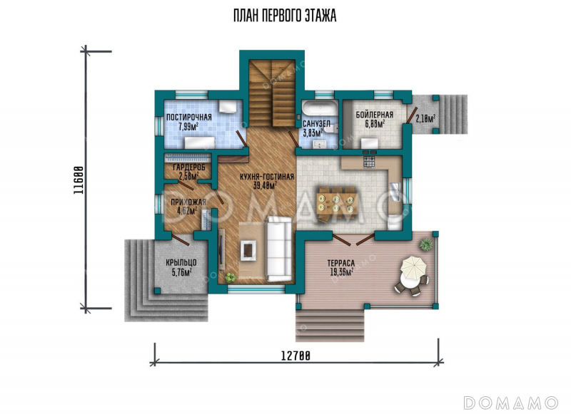 Проект двухэтажного дома с террасой и тремя спальнями / План 1 этажа