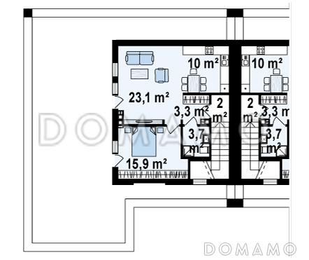 Проект современных мансардных домов-близнецов из газобетона с большим гаражом и открытой террасой на втором этаже / План мансардного этажа
