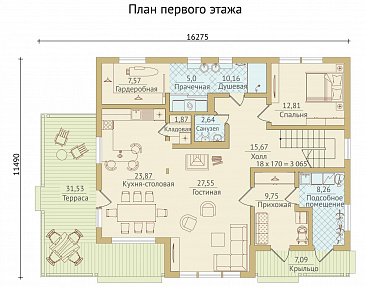 Проект каркасного дома с мансардными окнами и вторым светом / План 1 этажа