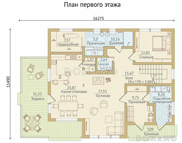 Проект каркасного дома с мансардными окнами и вторым светом / План 1 этажа