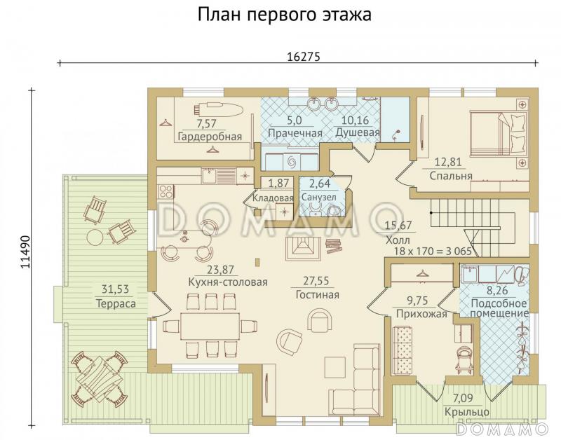 Проект каркасного дома с мансардными окнами и вторым светом / План 1 этажа Проект каркасного дома с мансардными окнами и вторым светом / План 1 этажа