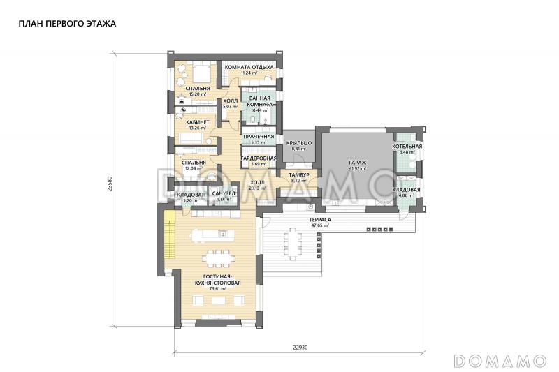 Проект дома из газобетона с эксплуатируемой кровлей, террасой барбекю, гаражом и вторым светом / План 1 этажа