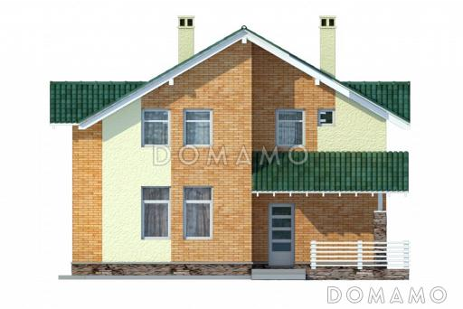Проект коттеджа с зеленой крышей и желтыми кирпичными вставками / Фасад 4