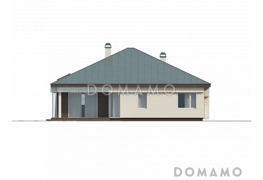 Проект одноэтажного дома из газобетона со стеклянным эркером в просторной гостиной и гаражом на два автомобиля / Фасад 3