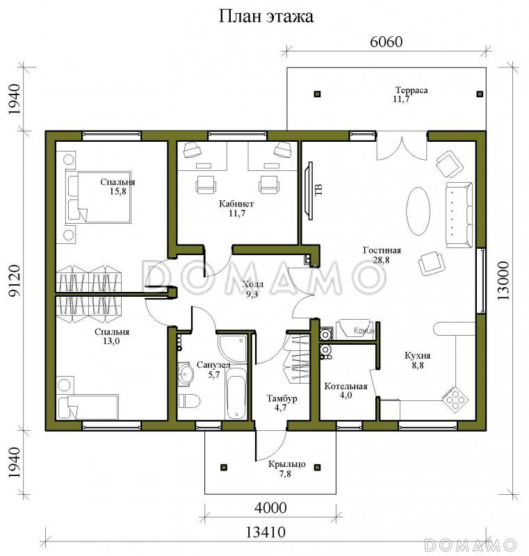 Проект одноэтажного газобетонного дома с просторной гостиной, двумя спальнями и кабинетом / План 1 этажа