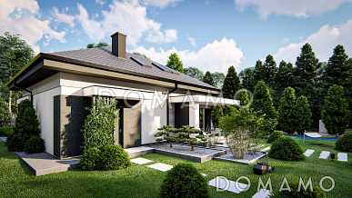 Проект загородного дома с гаражом на одну машину, кладовой на кухне, мастер-спальней в мансарде