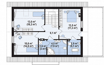 Проект одноэтажного мансардного дома из газобетона с дополнительной спальней на первом этаже и гаражом / План мансардного этажа
