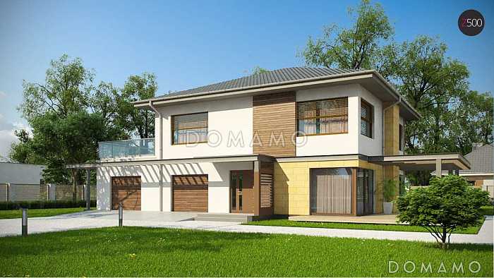 Проект простого комфортного двухэтажного дома из кирпича с тремя спальнями, вторым светом, большим гаражом и террасой над ним