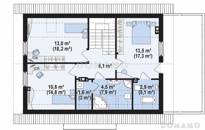 Проект одноэтажного мансардного дома из газобетона с дополнительной спальней на первом этаже и гаражом / План мансардного этажа