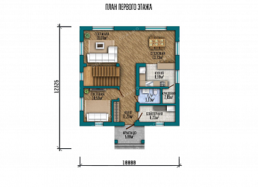 Проект двухэтажного дома с тремя спальнями и большой гостиной / План 1 этажа Проект двухэтажного дома с тремя спальнями и большой гостиной / План 1 этажа