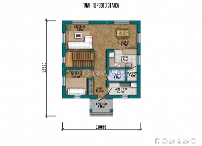 Проект двухэтажного дома с тремя спальнями и большой гостиной / План 1 этажа Проект двухэтажного дома с тремя спальнями и большой гостиной / План 1 этажа