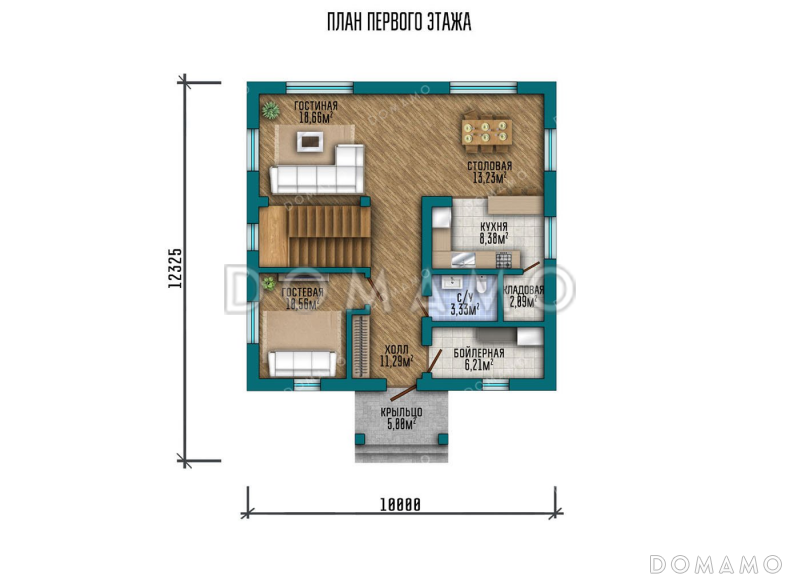 Проект двухэтажного дома с тремя спальнями и большой гостиной / План 1 этажа Проект двухэтажного дома с тремя спальнями и большой гостиной / План 1 этажа