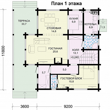 Проект дома из бруса с гостевым блоком / План 1 этажа Проект дома из бруса с гостевым блоком / План 1 этажа