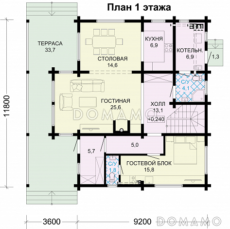 Проект дома из бруса с гостевым блоком / План 1 этажа Проект дома из бруса с гостевым блоком / План 1 этажа