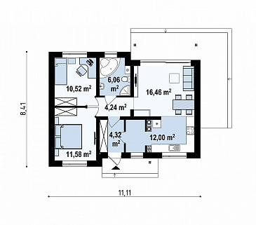 Проект компактного одноэтажного дома небольшой площади из кирпича с двумя спальнями / План 1 этажа Проект компактного одноэтажного дома небольшой площади из кирпича с двумя спальнями / План 1 этажа