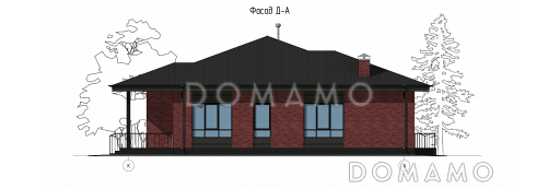 Проект одноэтажного дома с детскими комнатами, кабинетом, хозяйской спальней, террасой / Фасад 4