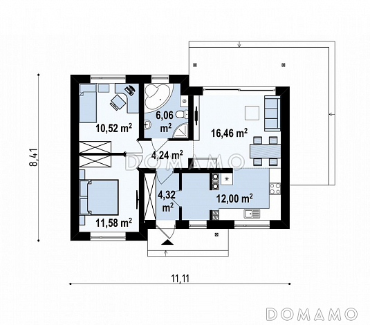 Проект компактного одноэтажного дома небольшой площади из кирпича с двумя спальнями / План 1 этажа Проект компактного одноэтажного дома небольшой площади из кирпича с двумя спальнями / План 1 этажа