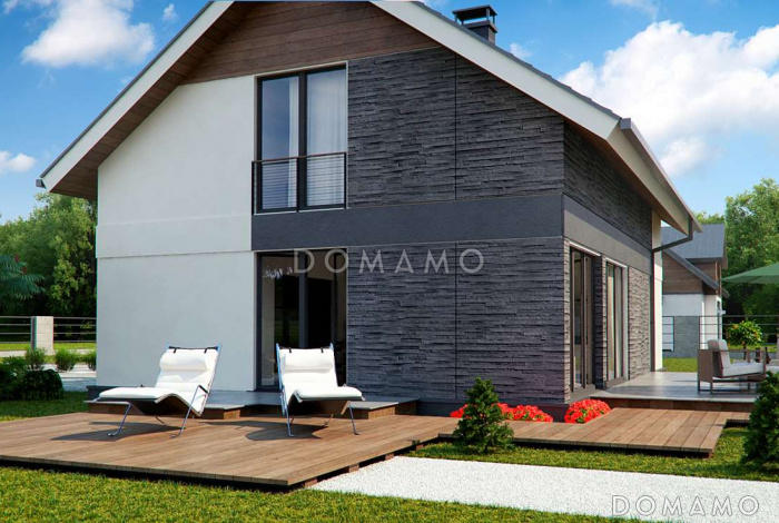 Проект одноэтажного мансардного дома из кирпича с четырьмя спальнями и панорамным остеклением гостиной Проект одноэтажного мансардного дома из кирпича с четырьмя спальнями и панорамным остеклением гостиной