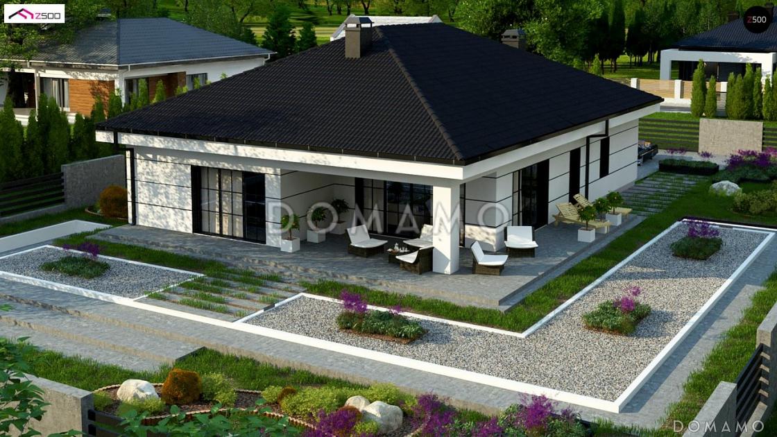 Проект одноэтажного дома из кирпича с тремя спальнями, гаражом и угловой крытой террасой / 1