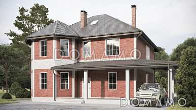 Проект дома из газобетона с эркером и навесом для автомобиля