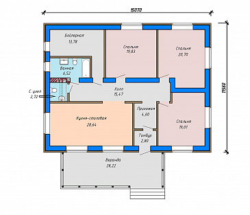 Проект одноэтажного дома из газобетона с верандой, кухней-столовой, тремя спальнями / План 1 этажа