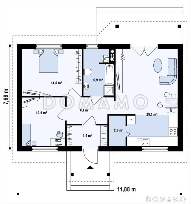Проект компактного одноэтажного дома из кирпича с двумя спальнями и просторной гостиной / План 1 этажа