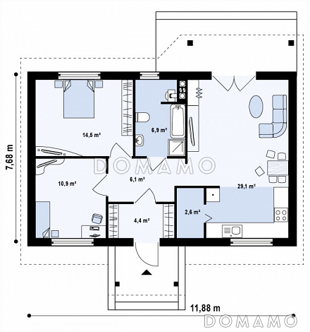 Проект компактного одноэтажного дома из кирпича с двумя спальнями и просторной гостиной / План 1 этажа Проект компактного одноэтажного дома из кирпича с двумя спальнями и просторной гостиной / План 1 этажа
