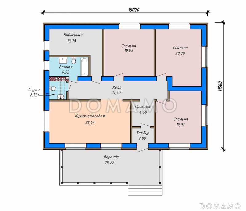 Проект одноэтажного дома из газобетона с верандой, кухней-столовой, тремя спальнями / План 1 этажа