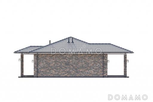 Проект одноэтажного прямоугольного дома с отделкой фасада кирпичом, одной внутренней несущей стеной, тремя спальнями и большой кухней-гостиной с выходом на крытую террасу / Фасад 1