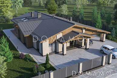 Проект одноэтажного дома с приватным блоком, спа-зоной, навесом для двух автомобилей и террасой с барбекю