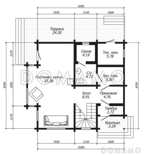 Проект дома из клееного бруса в стиле скандинавского конструктивизма / План 1 этажа