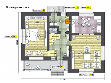 Проект одноэтажного дома с длинной крытой террасой, просторной гостиной и комнатой на первом этаже и тремя спальнями на мансардном этаже / План 1 этажа Проект одноэтажного дома с длинной крытой террасой, просторной гостиной и комнатой на первом этаже и тремя спальнями на мансардном этаже / План 1 этажа