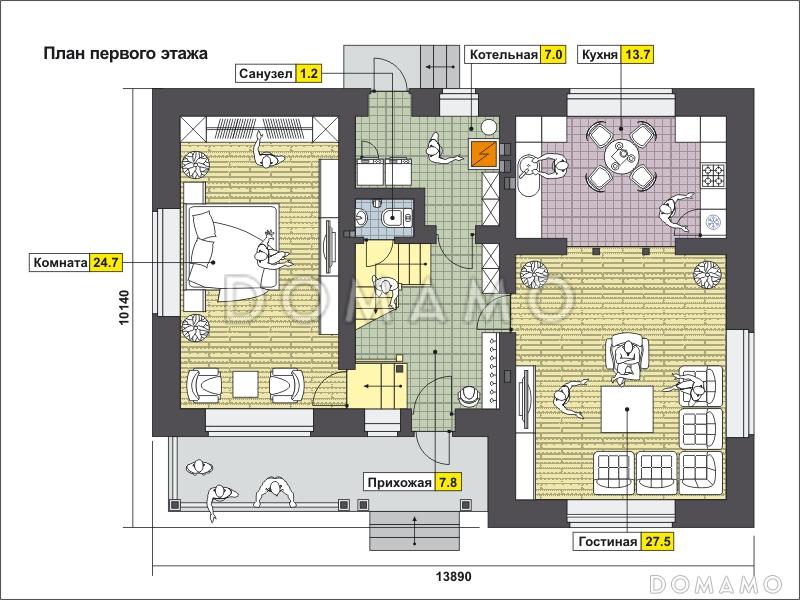 Проект одноэтажного дома с длинной крытой террасой, просторной гостиной и комнатой на первом этаже и тремя спальнями на мансардном этаже / План 1 этажа