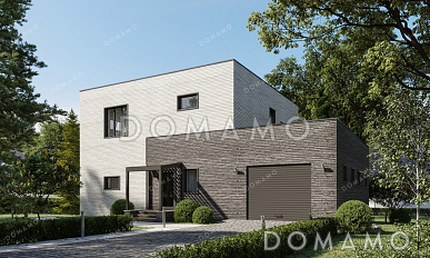 Проект двухэтажного дома с большой террасой, гаражом и подвалом Проект двухэтажного дома с большой террасой, гаражом и подвалом