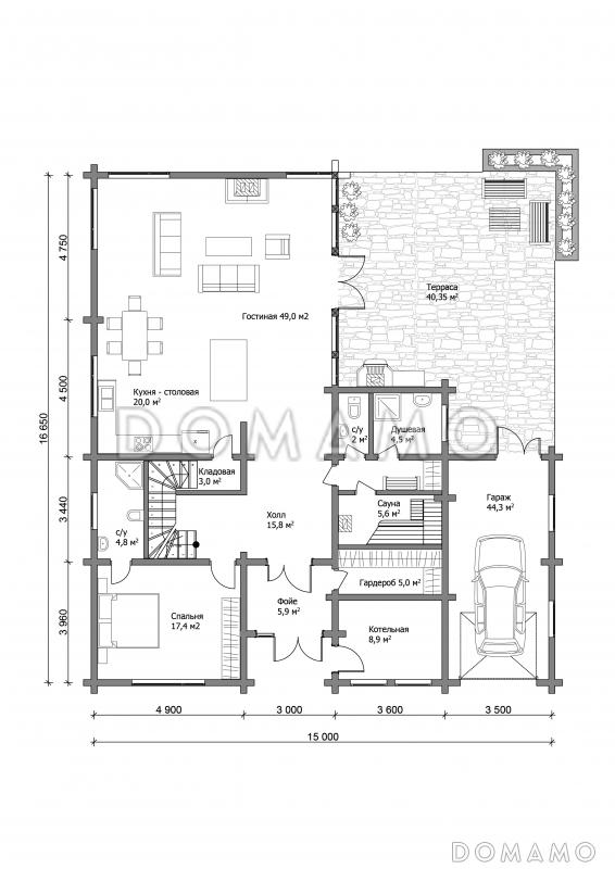 Проект коттеджа из бруса в современном стиле / План 1 этажа