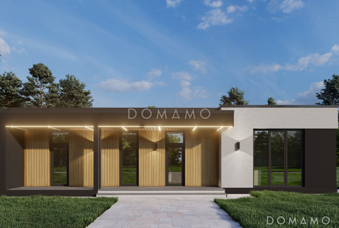 Проект одноэтажного дома с мастер-спальней, просторной кухней-гостиной и блоком с тремя спальнями Проект одноэтажного дома с мастер-спальней, просторной кухней-гостиной и блоком с тремя спальнями