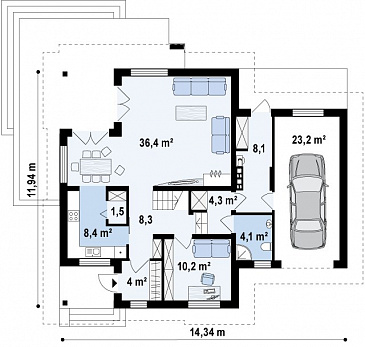 Проект одноэтажного мансардного дома из газобетона с кабинетом, гаражом и комнатой над гаражом / План 1 этажа
