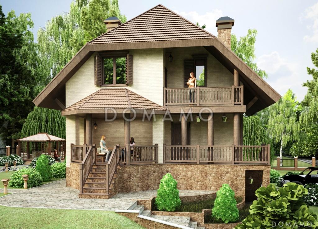 Проект дома на рельефе в стиле фахверк с гаражом в подвале / 2