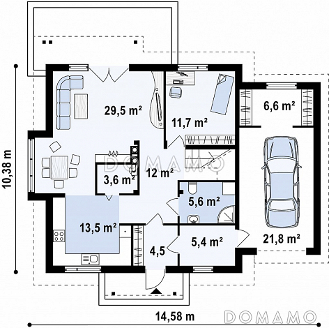 Проект одноэтажного мансардного дома из газобетона с кабинетом, гаражом и комнатой над ним / План 1 этажа