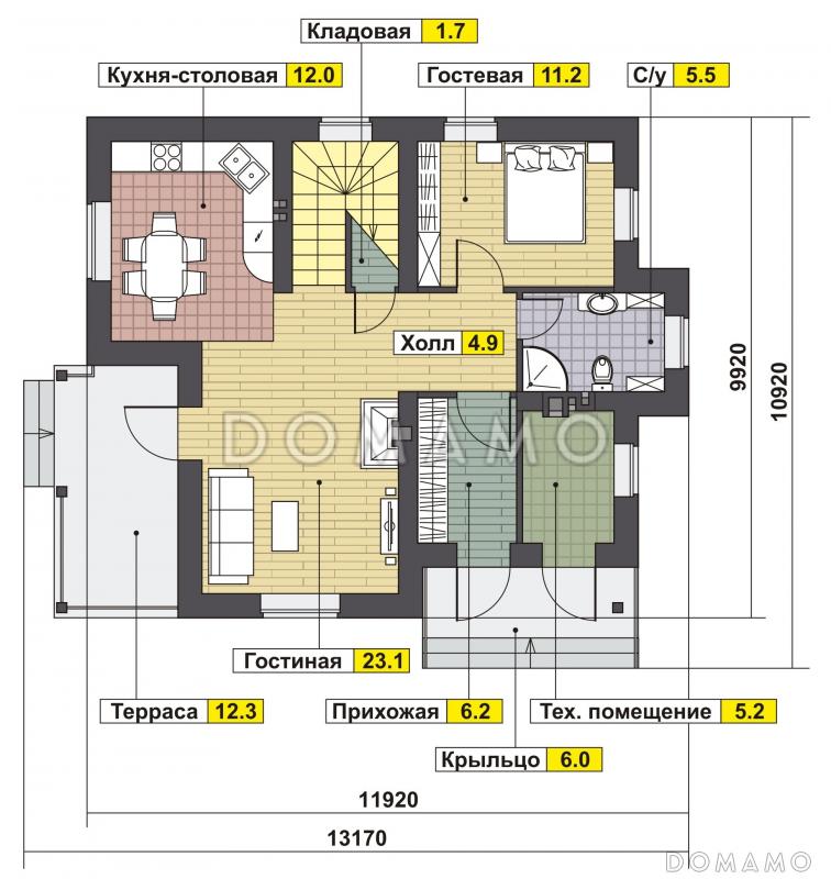 Проект загородного дома из керамических блоков для круглогодичного проживания / План 1 этажа